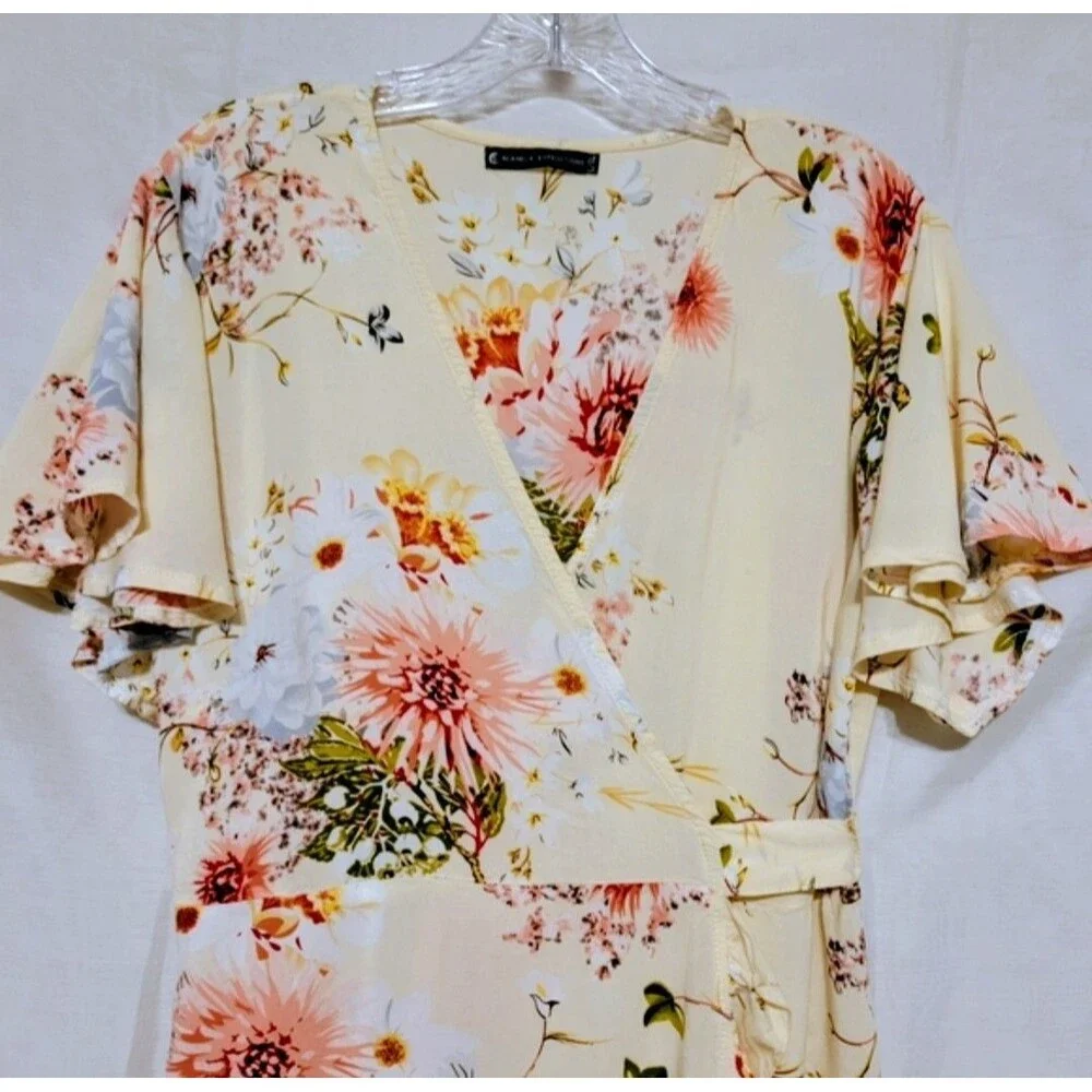 Acanela Expedition Women's Floral Wrap Midi Raffledi Dress Flutter Sleeve Size L